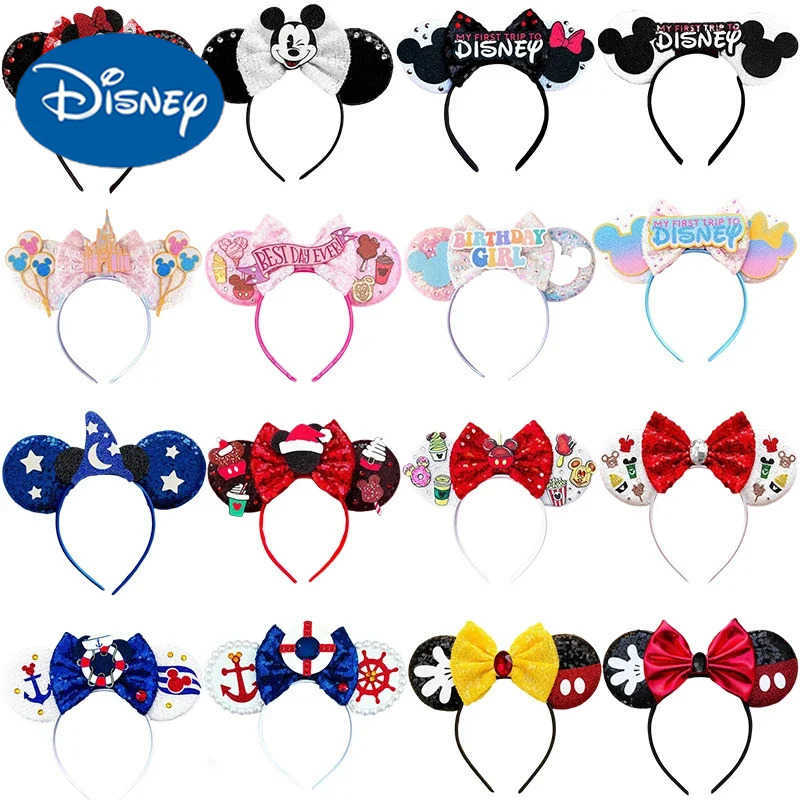Disney Mickey Mouse Ear Headbands for Women and Children Disneyland Beverages Ice Cream sequins Bow Hair for Girls Role Playing Minnie Hair Accessorie