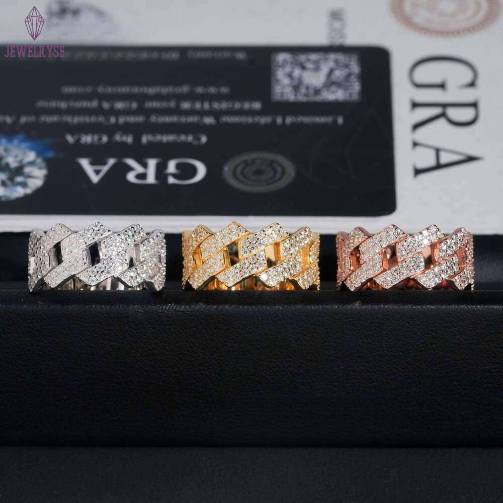 Factory Direct High Quality Hip Hop Two Row Sterling Sier Moissanite Iced Out Cuban Ring