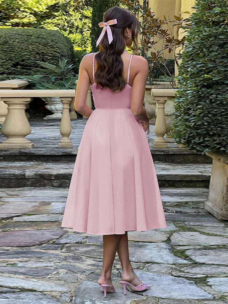 Dongdumaoyi Townlike Elegant Midi Long Waist Wrap A Line Dress Women Spaghetti Strap Spring Summer Nightclub Sexy Party Dresses