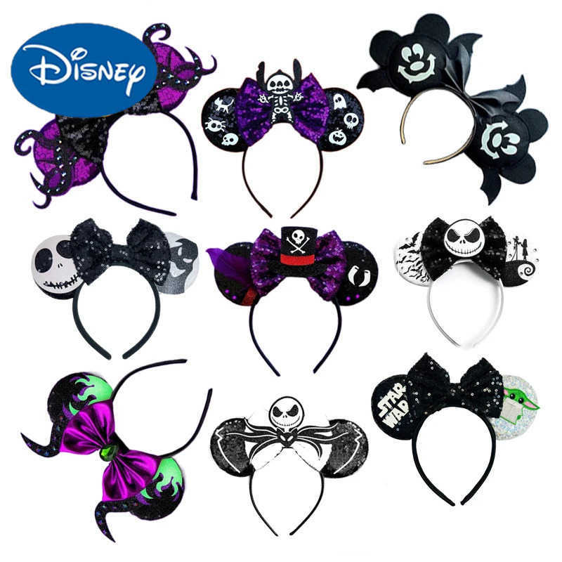 Disney 2024 Mickey Mouse Ear Headband Childrens Role Play Skull Hair Female Carnival Ghost Hair Accessories Girls Shining Bow Headband X250425