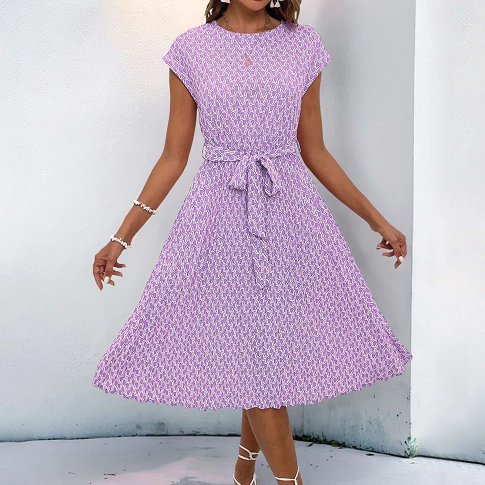 Dongdumaoyi Summer Bohemian Floral Women Dress Casual Wrap O Neck High Waist Ruffle Cap Sleeveless Slim A Line Pleated Hem Midi Dresses