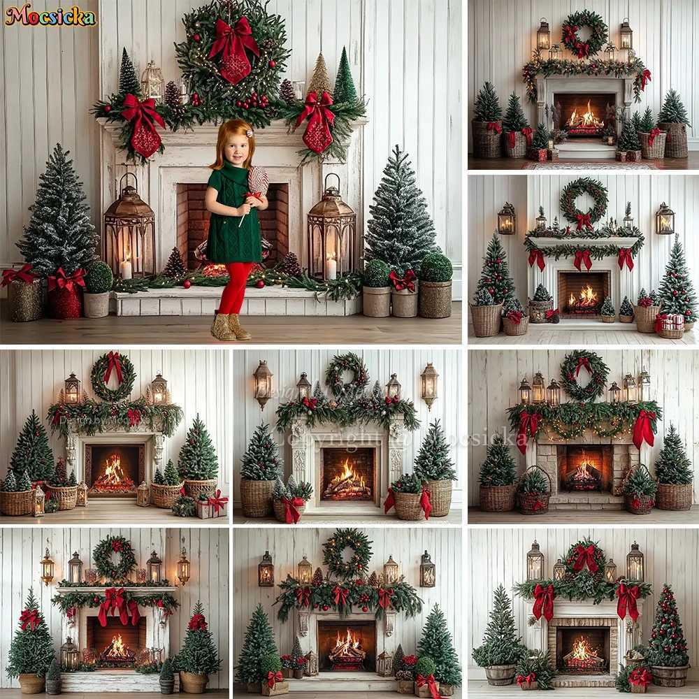 White Christmas Fireplace Room Background Photography Xmas Tree Garland Red Bow Lantern Backdrop Winter Family Photozone StudioM251125