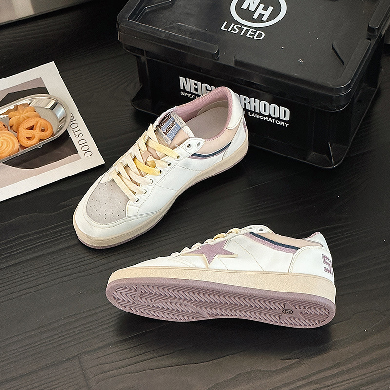 Free shipping women's white sneakers with star patchwork retro pink purple accents stylish comfortable breathable versatile daily wear sports cas