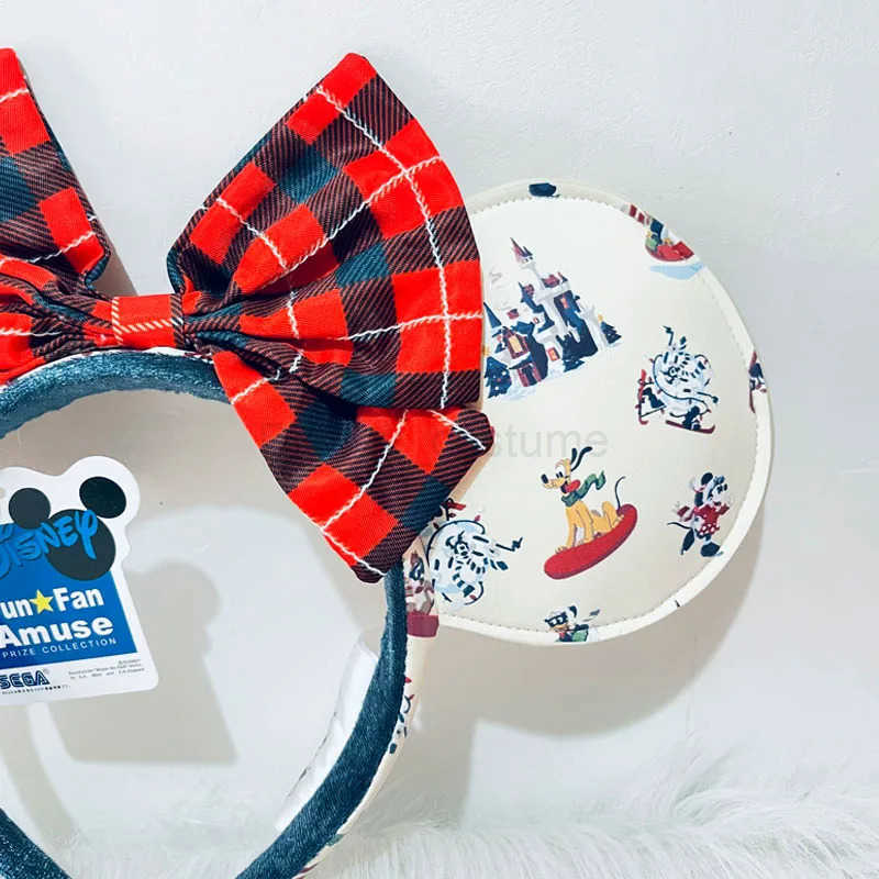 Disney Winter Christmas Headband Cartoon Mickey Pluto PU Leather Ears Adult Bow Headband Minnie Park Accessories Headband X250425