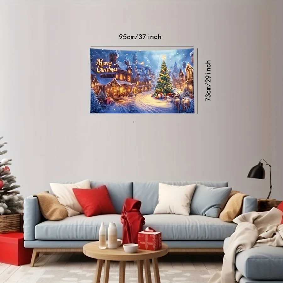 2D Flat 1pc Christmas Winter Snow Village Tapestry Wall Hanging - Polyester Fabric No Electricity Needed with Merry Christmas LM251125