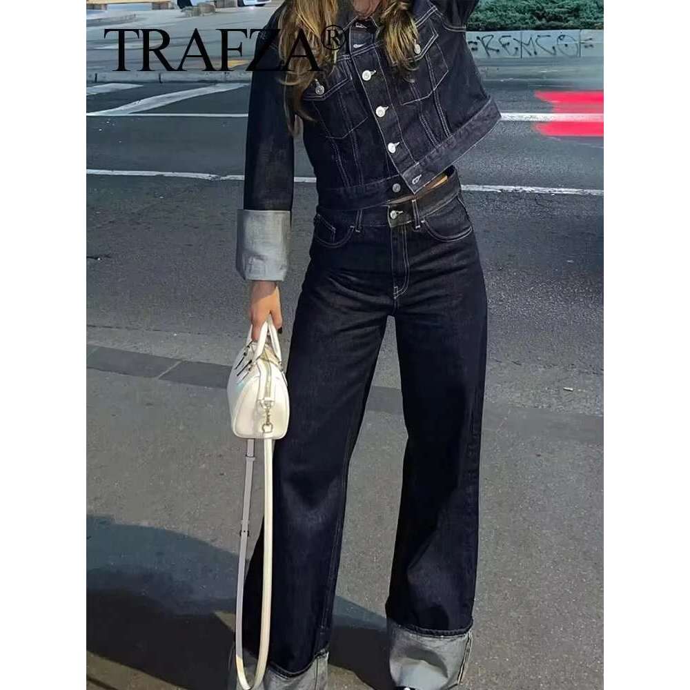 TRAFZA 2024 Autumn Female Vintage Denim Suit Long Sleeve Single Breasted Lapel Coat+High Waist Wide Leg Jeans Street Fashion Set