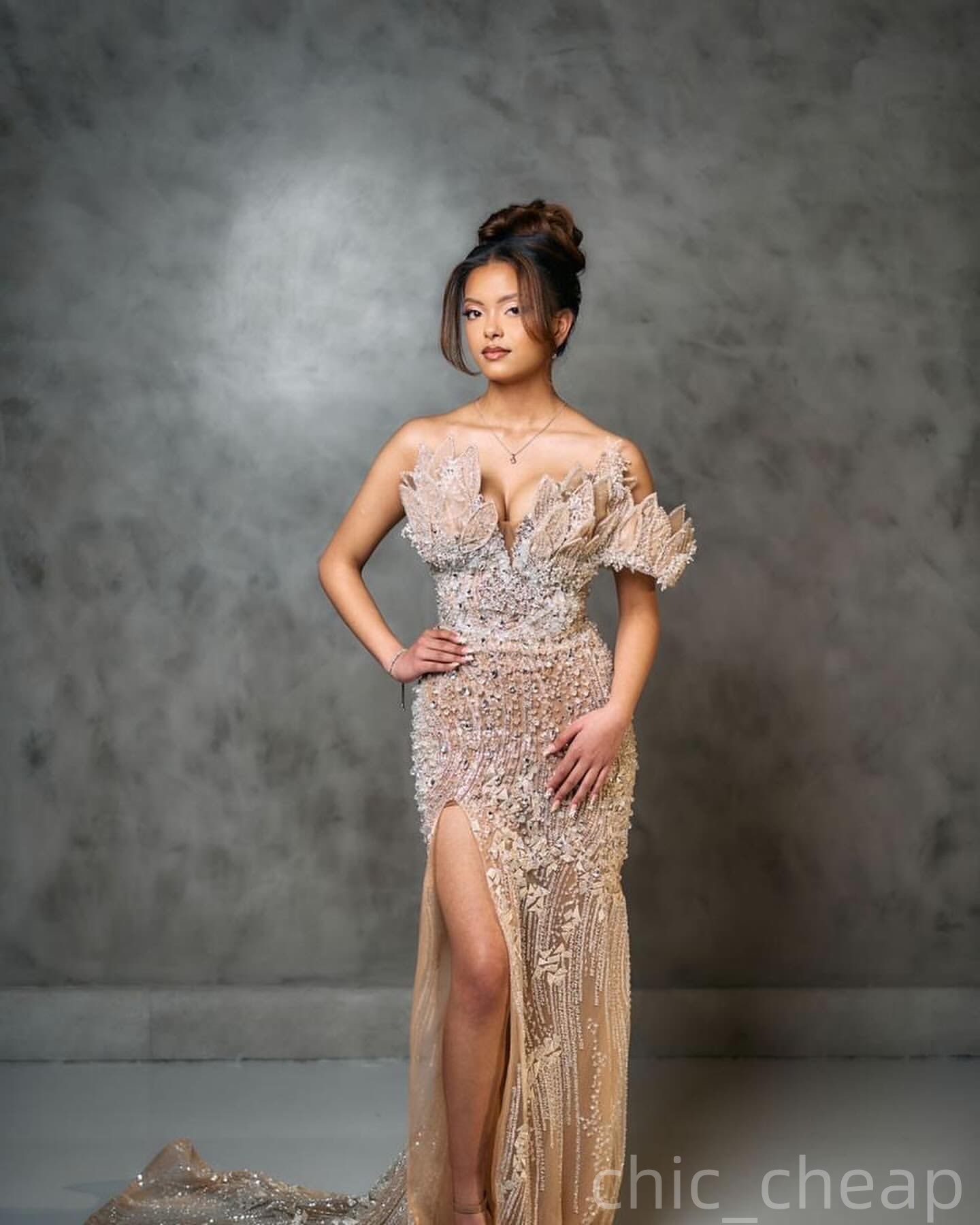 Champagne Mermaid Plus Size Prom Dresses 2025 Crystals Pearls Sequined Florals Evening Formal Party Second Birthday Engagement Gowns Dress For Special