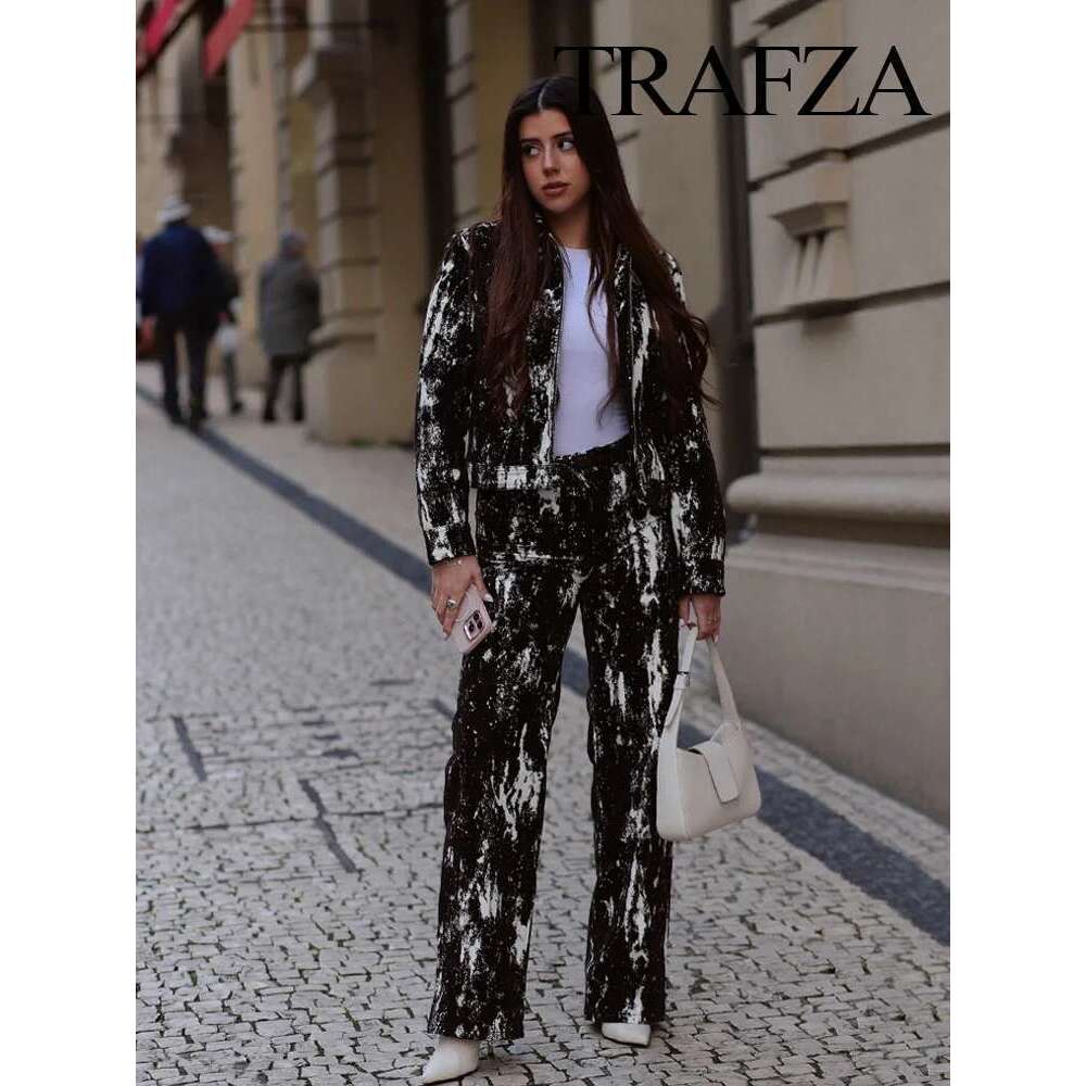 TRAFZA Vintage Pants Set Women's Fashion Versatile Animal Print Lapel Flocking Jacket+Belt High Waist Pocket Long Jeans Mujer
