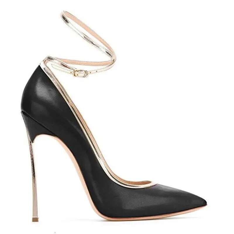 Spring and autumn new pointed shallow leather lace-up single metal high-heeled banquet dress large size women's shoes