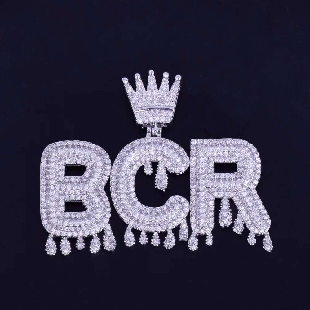 Bubble Letter Custom Name Necklace for Men Personalized Pendant Crown Drippy Charms Cubic Zircon Hip Hop Jewelry Iced Out