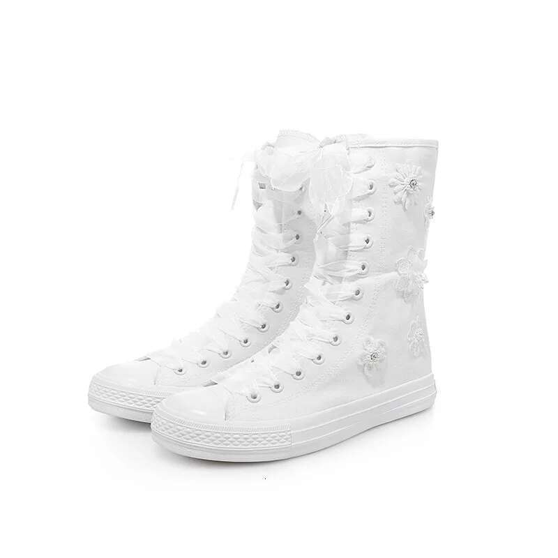 Spring medium-sized color lace-up pearl flower canvas shoes casual soft sole flat inner heightening couple large size women shoe