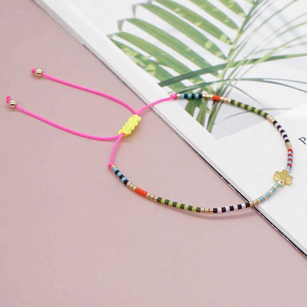 New minimalist Bohemian style Rainbow Rice Beads Handmade Beaded Cross Versatile Layered Womens Bracelet J251125