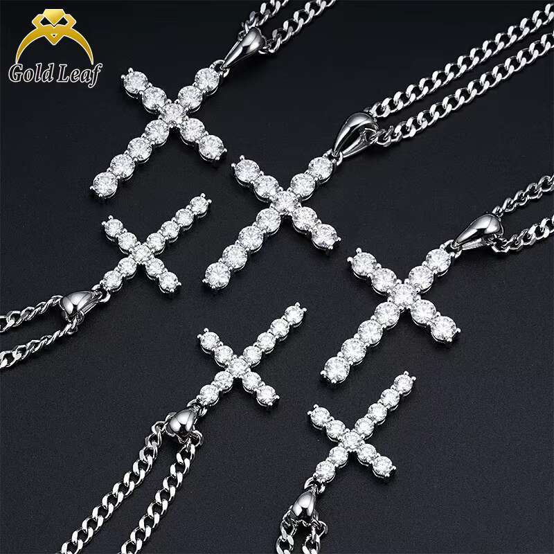 925 Sterling Silver Fine Pendant Necklaces D Color VVS 3mm Moissanite Cross for Men Women Unique Moissanite Necklaces