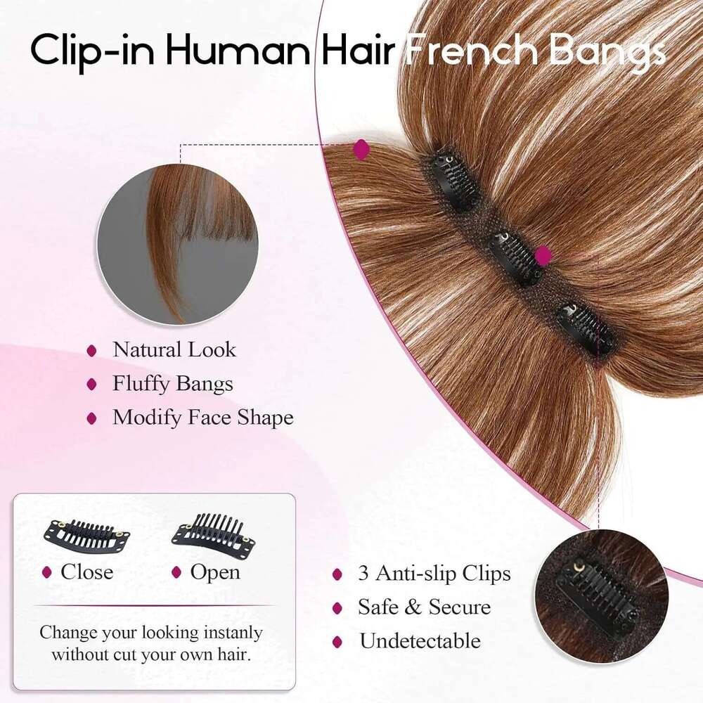 Clip In Ash Brown 100% Human Hair Bangs 3 Non-Slip Clips 360°Cover Top Hairpieces With 5 Inch Wispy Fringes For Women