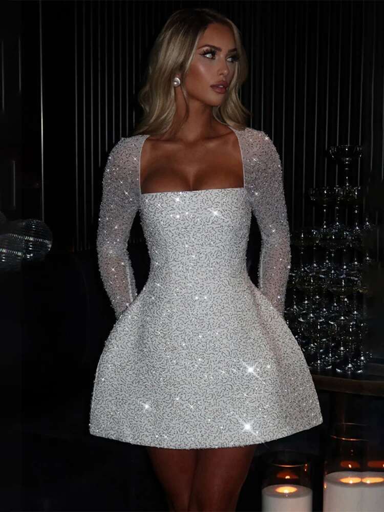 Dongdumaoyi Townlike Bandage Backelss Sequin Nightclub Sexy Party Dress Women Autumn Winter Waist Wrap A Line Dresses
