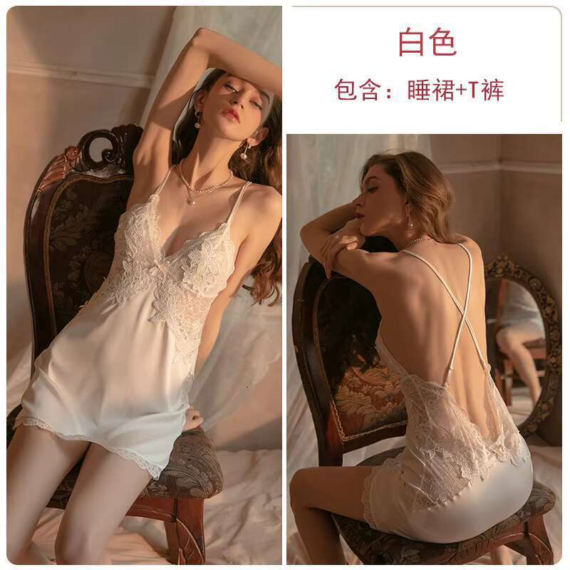 Sexy Night Womens Sleepwear Lace Satin Nightdress Mini Sleep Dress Nightwear Nightgown With Thongs Panties