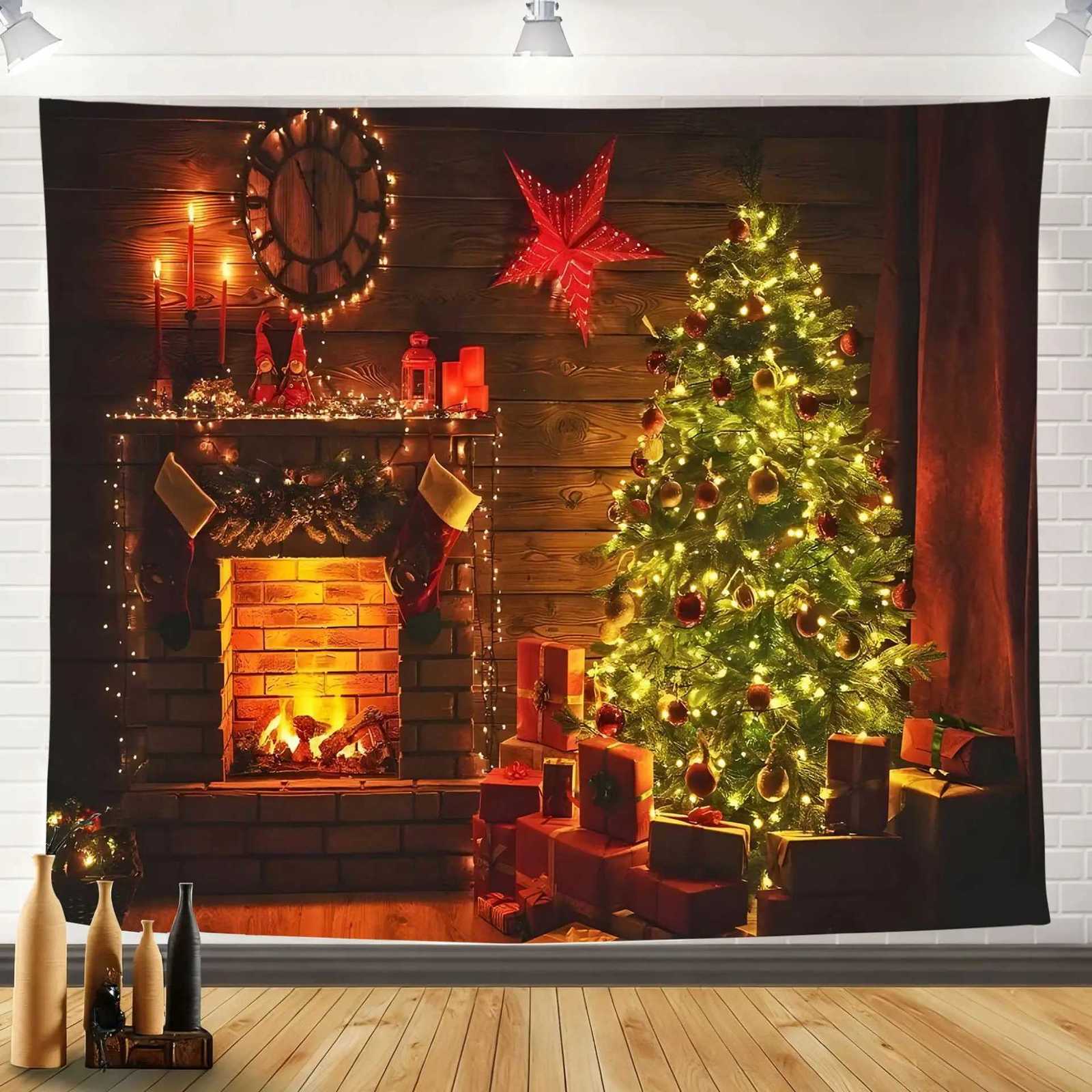 Christmas Decoration Tapestry Tree and Fireplace Scene Hanging Cloth for Holiday Decorations Living Room New Year Home DecorM251125