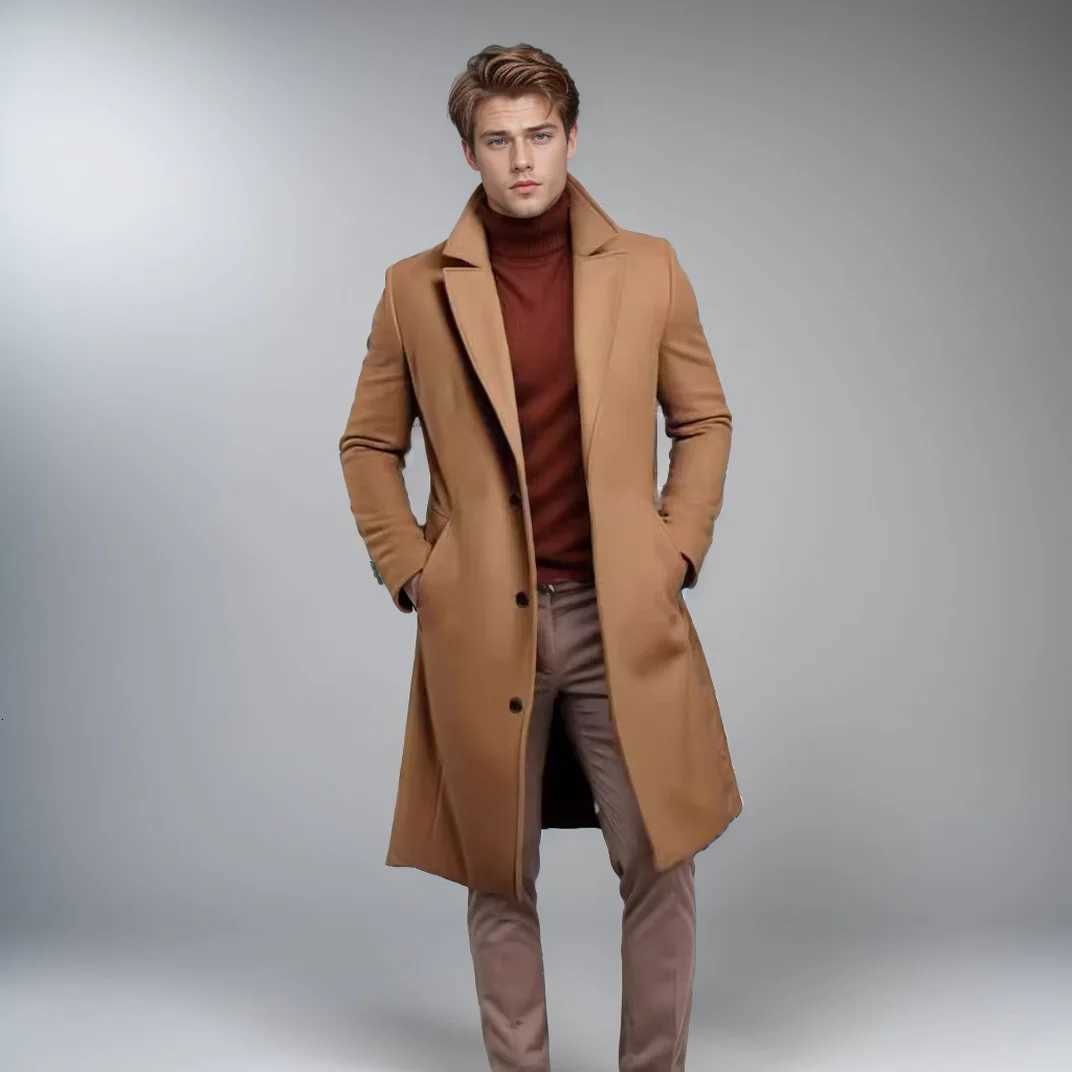 Lapel Wool Blend Mens Trench Coats Warm Long Overcoat For Man Winter Mid-Length Mans JacketsT251125