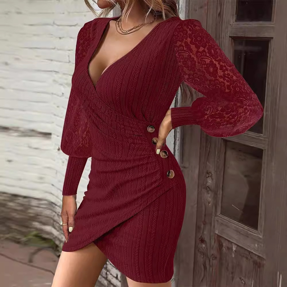 2024 Autumn Solid Color V-neck Slimming Sexy Long Sleeve Tight Bag Hip Skirt for Women