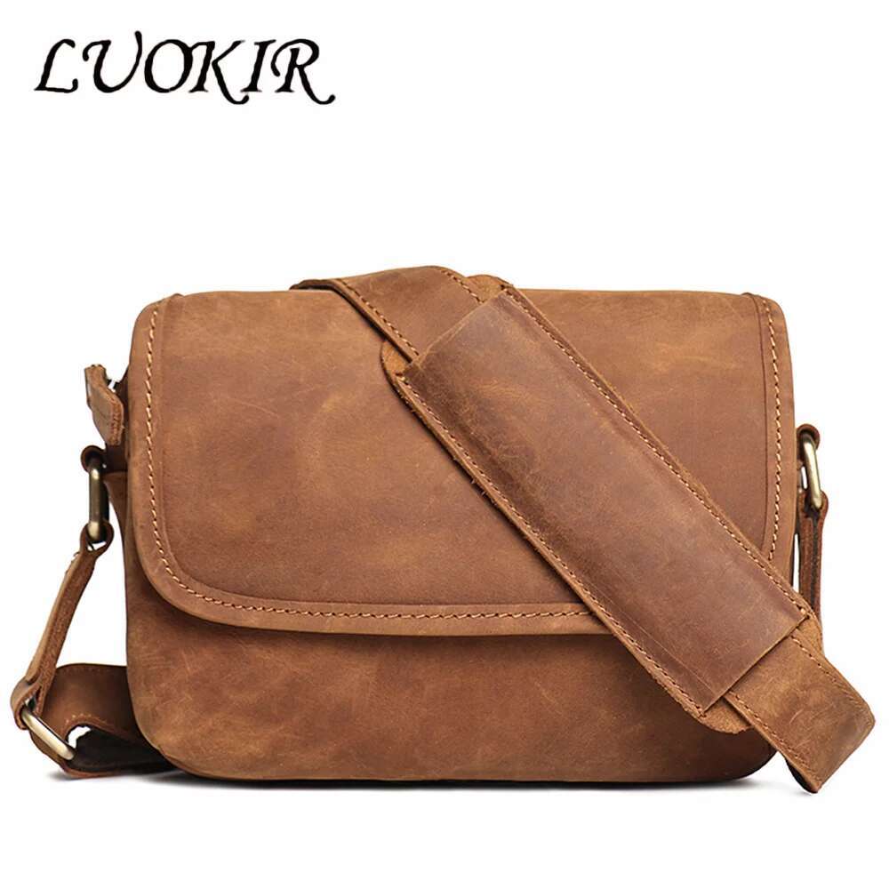 LUOKIR Vintage Crazy Horse Leather Retro Men's Genuine Cowhide Shoulder Women's Crossbody Ipad Small Square Bag