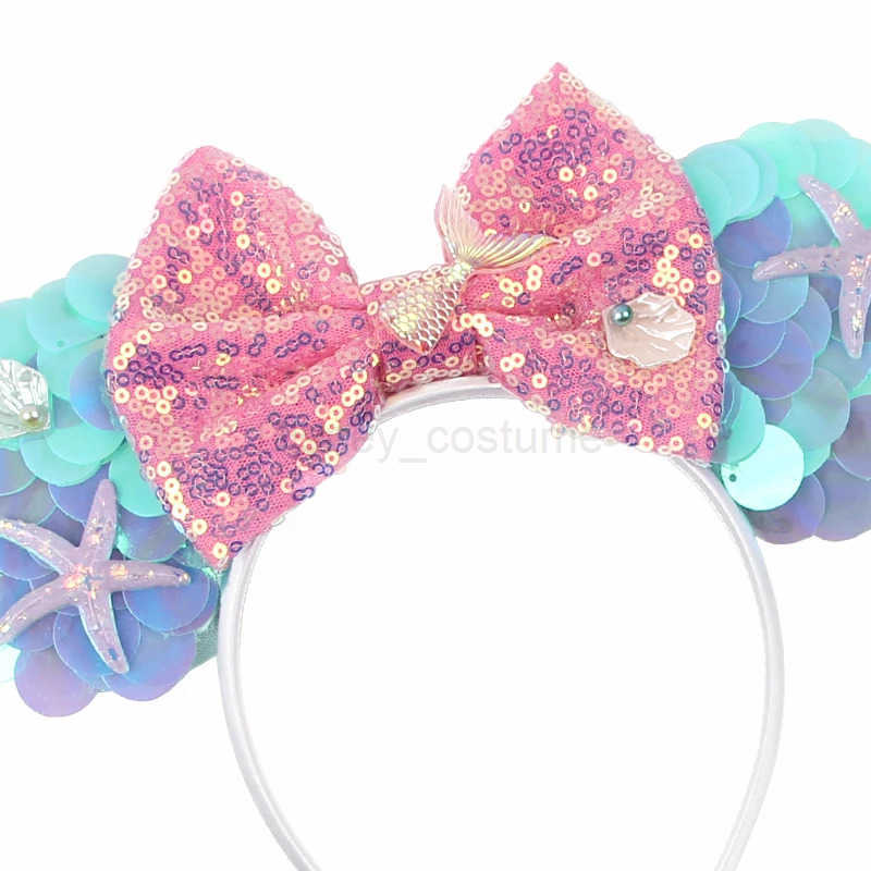 Disney Mermaid Disney Mickey Mouse Ear Headband Minnie Hair Sparkle 5 Bow Female Festival Hair Girl Hair Accessories Role Play X250425