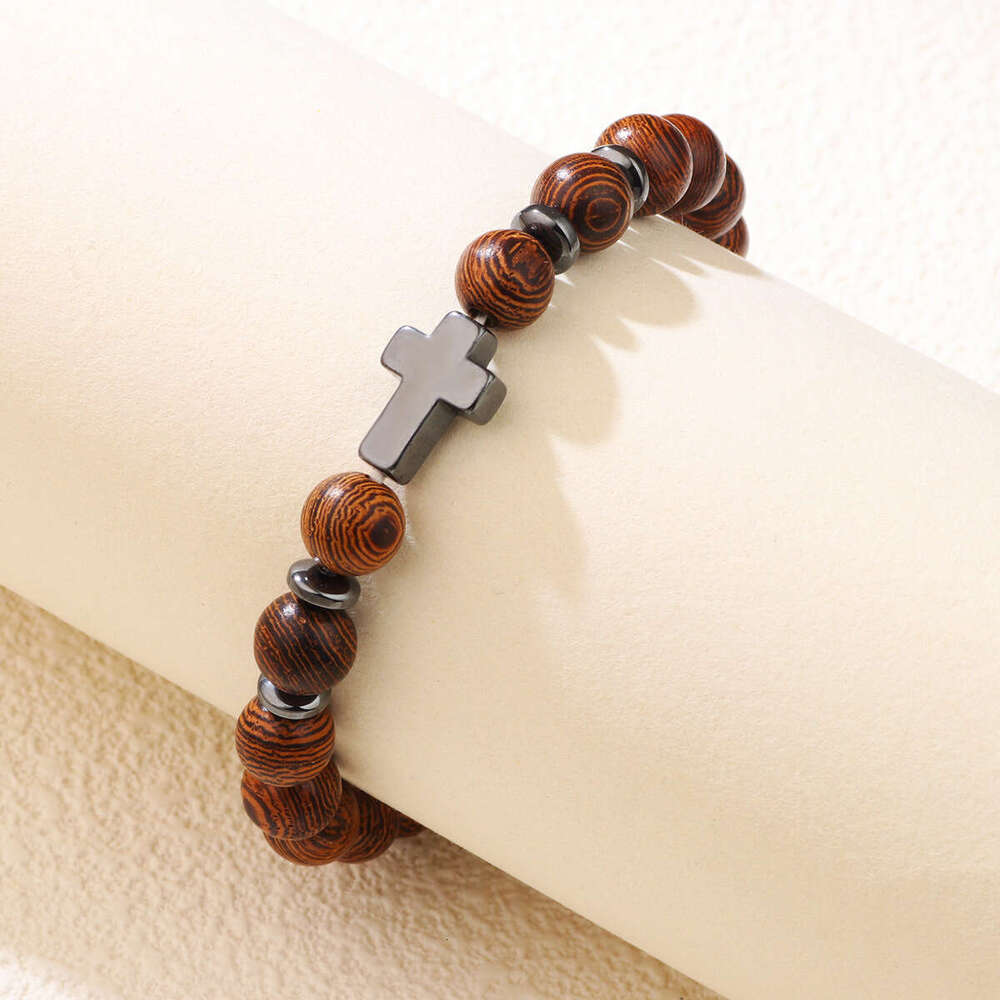 Black Gallstone Cross Beaded Men's Wood Grain Bracelet New Jewelry