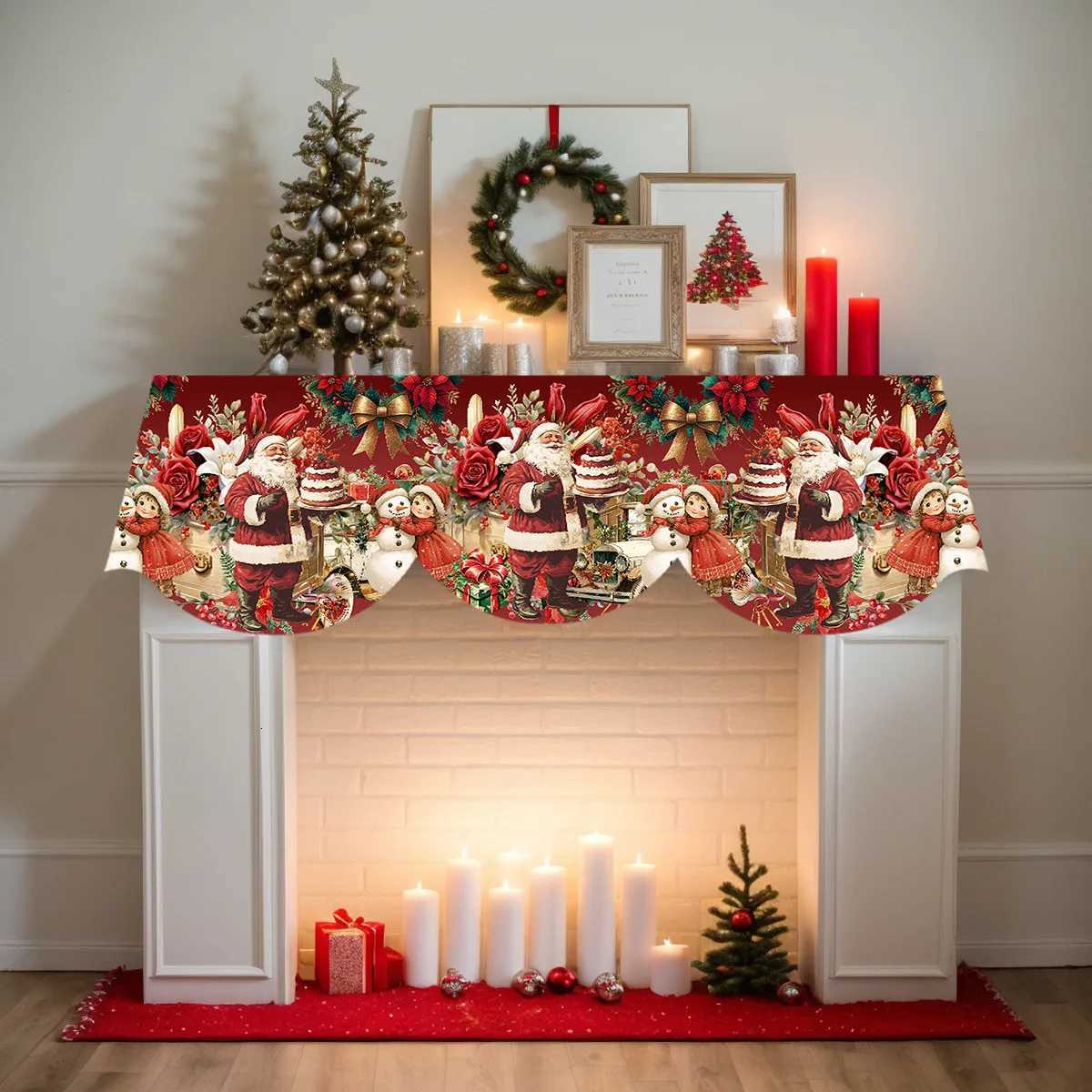 1 Piece Christmas Themed Fireplace Scarf with Santa Claus Bow Snowman and Floral Pattern Atmospheric Fireplace DecorationM251125