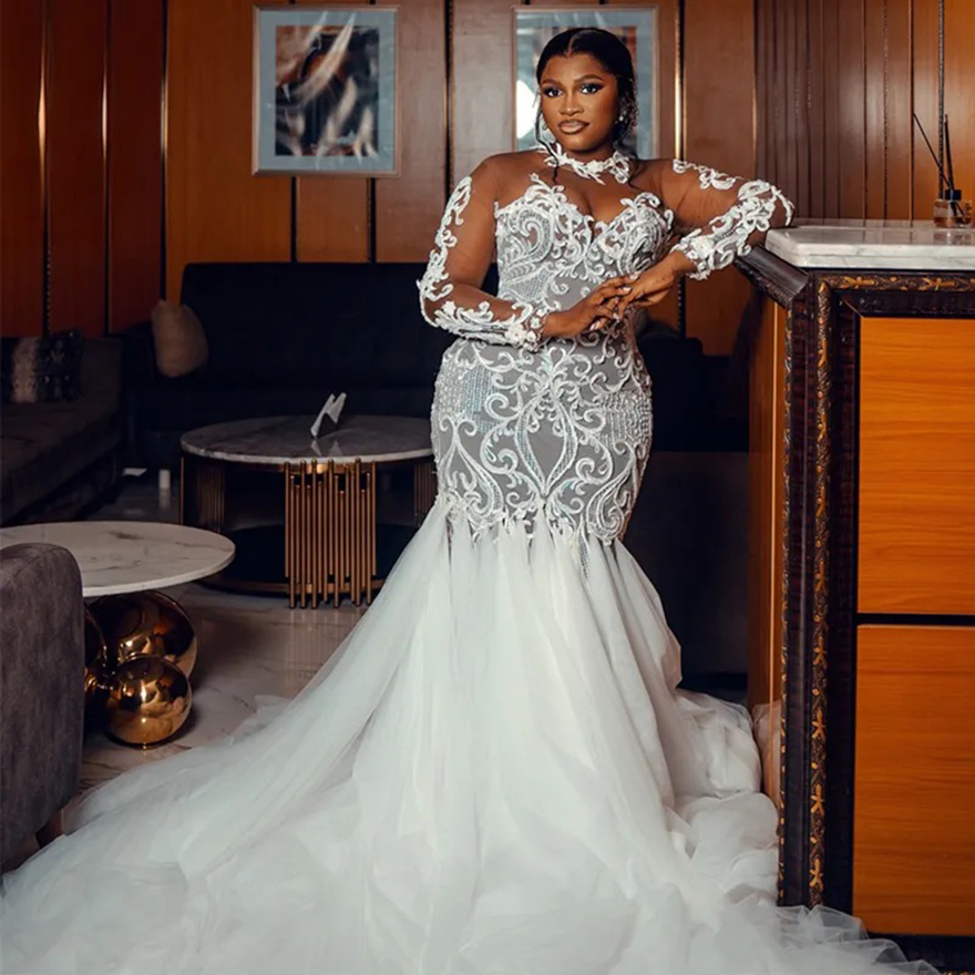 2025 Plus Size Wedding Dress Bridal Gowns For Bride Mermaid High Neck Long Sleeves Illusion Tiered Tulle Church Beaded Lace Wedding Gowns For Black Wo