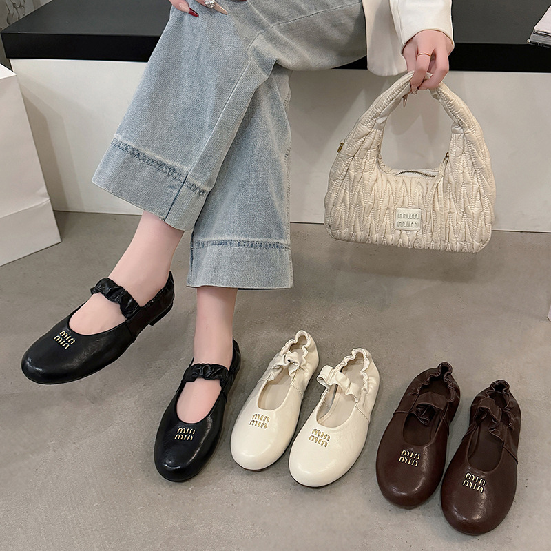 2025 new Comfortable Soft Leather Pleated Ballet Flats for Women All - match Round - toe Mary Jane Flat Leather Shoes