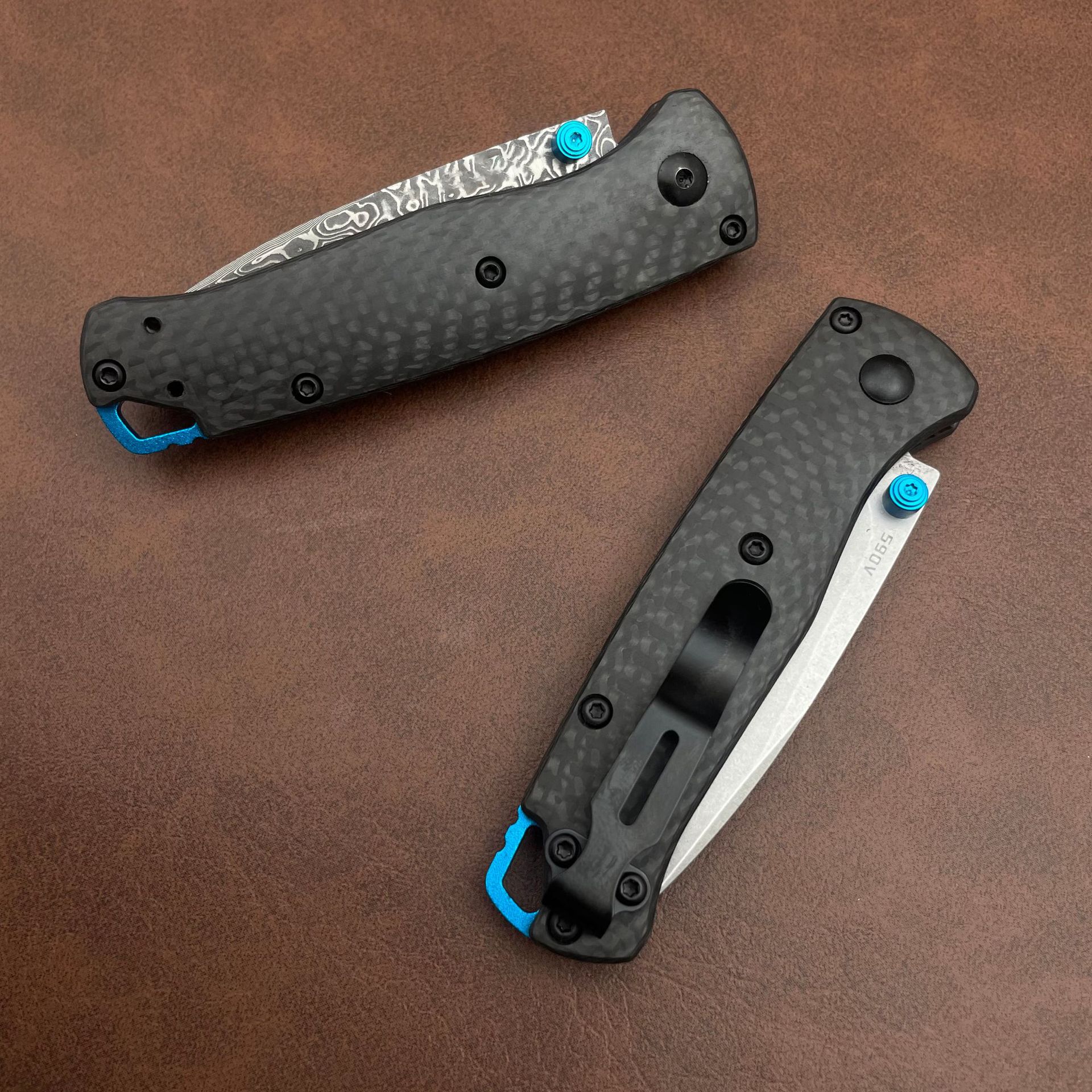 2Models Mini 533 Bugout AXIS Folding Knife 2.75 S90V/Damascus Plain Blade, Carbon Fiber Handles - 533-3