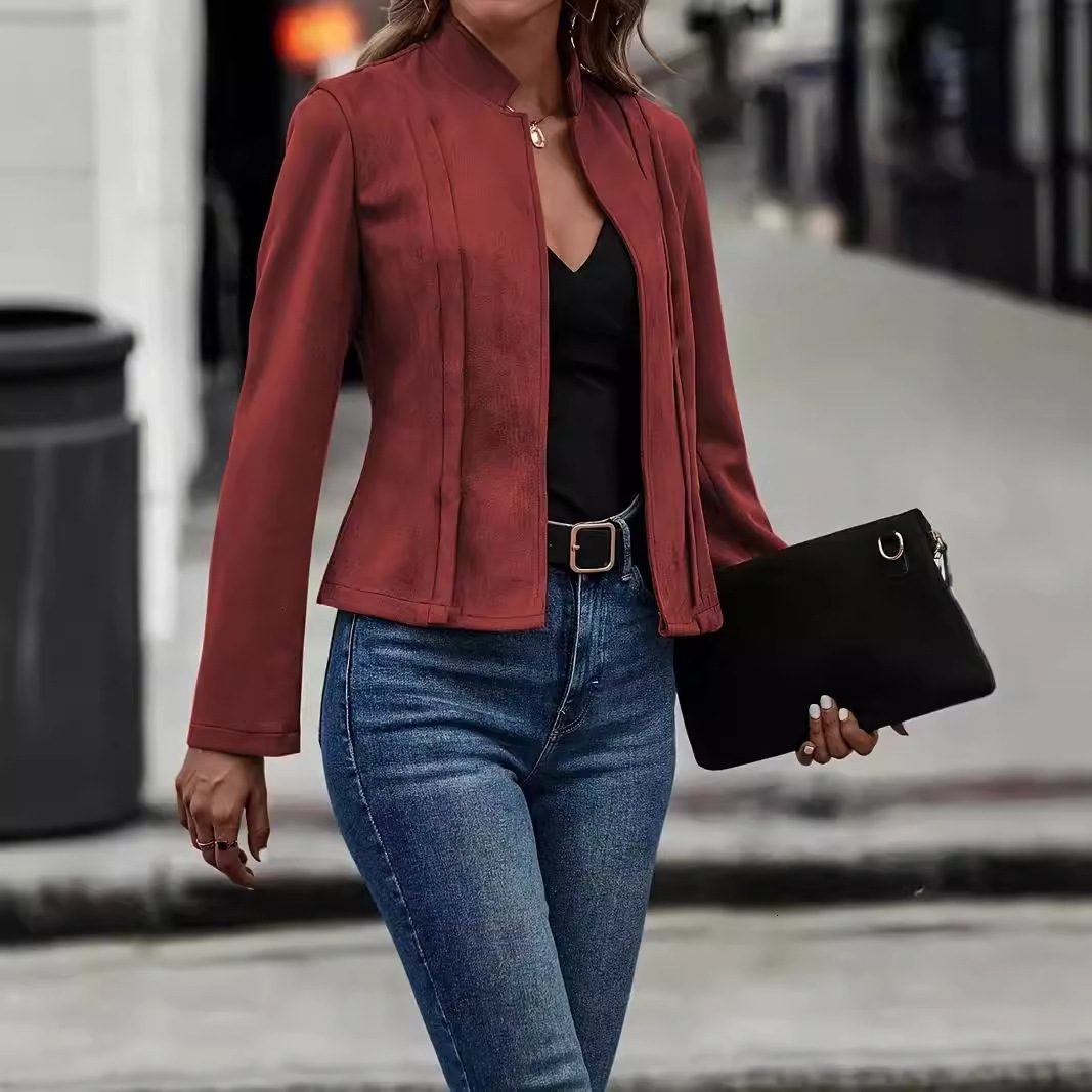2024 winter solid color long sleeved slimming versatile cardigan short jacket womens clothing