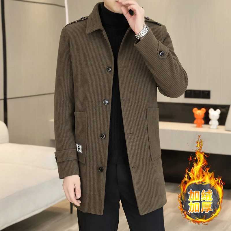 2023 Winter Medium Length Woolen Jacket for Men Plush and Thicken Trench Coat slim Casual Business Social Streetwear OvercoatT251125