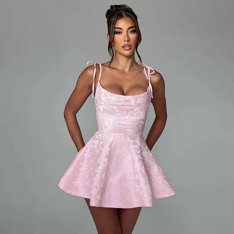 Dongdumaoyi Townlike Jacquard Waist Wrap A Line Dress Women Spaghetti Strap Mini Summer Backless Nightclub Sexy Party Dresses