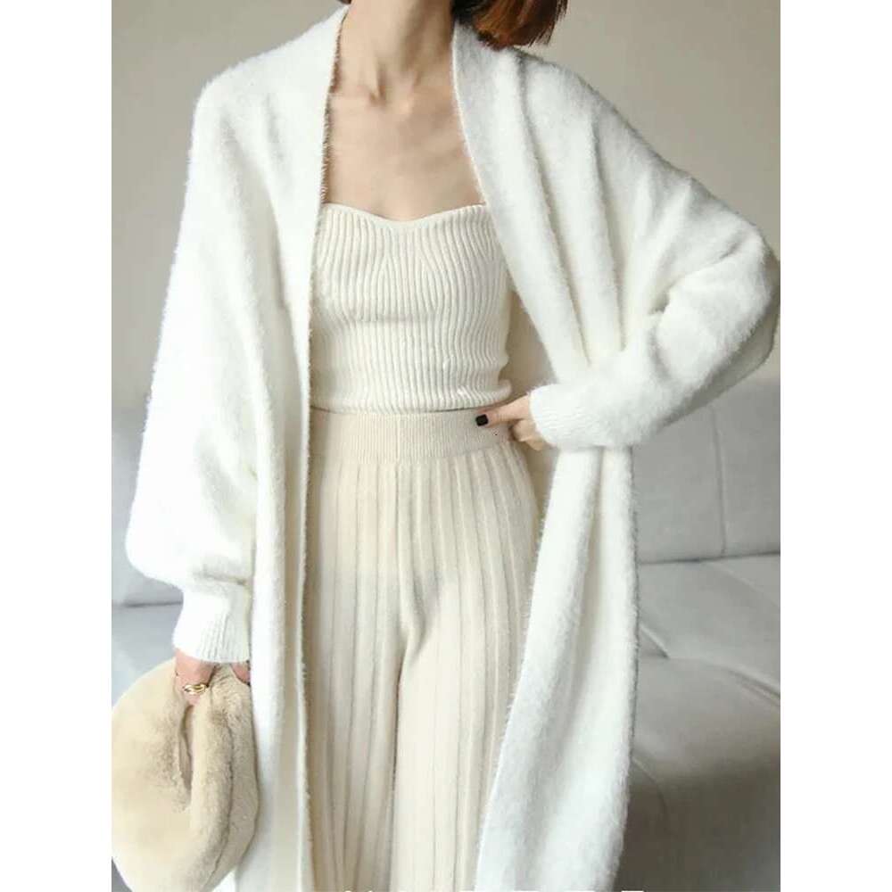 White Long Cardigan For Women Winter Clothes Knitted Fluffy Long Sleeve Cashmere Sweater Coat Clotkorean Style Warm Vintage