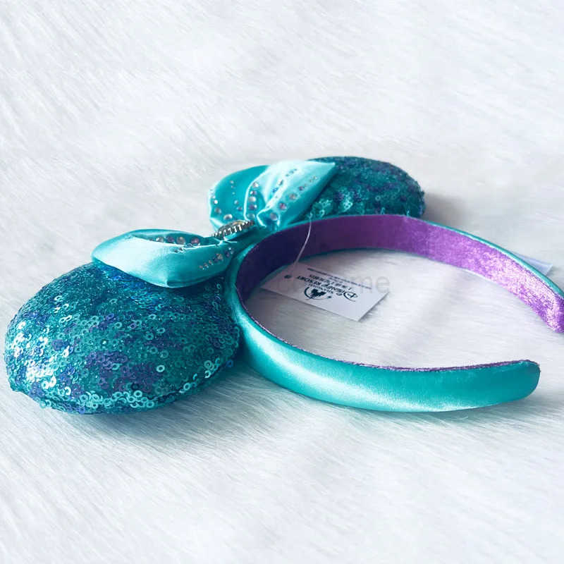 Disney Mermaid Ariel Headband Adult/Children Disneyland Mickey Emerald Green Sparkling Bow Female Minnie Ears X250425