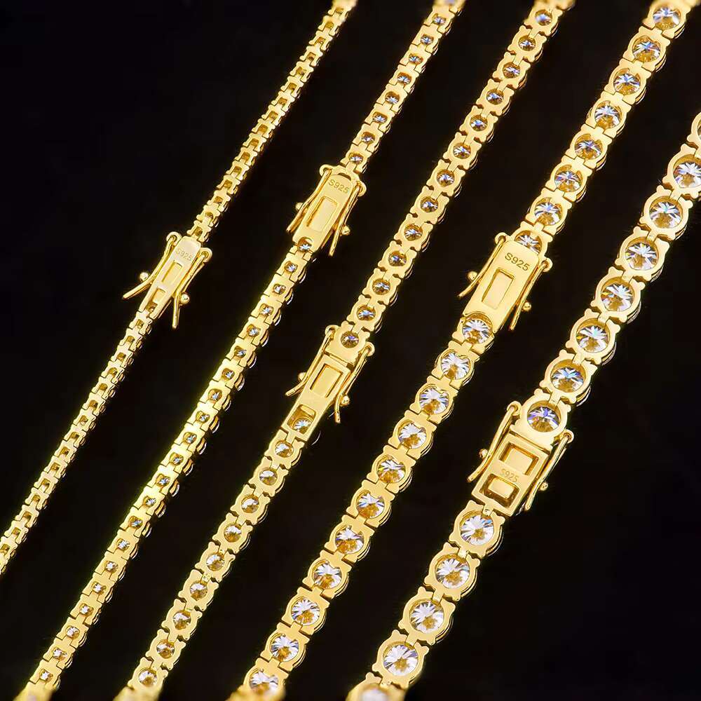 High Quality Yellow Gold Plated Bracelet 2mm -6mm Silver 925 VVS1 Moissanite Round Shape Tennis Chain Bracelet
