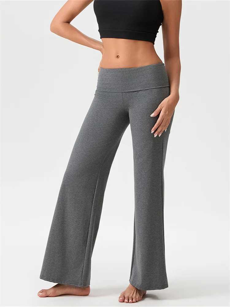 Womens casual pants with spring and autumn folding waist loose and wide leg pants solid color bagged straight pantsC250425