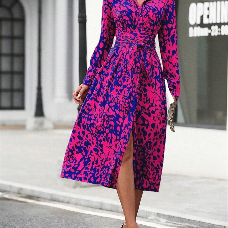 Elegant Random Print Button Down Shirt Dress Long Sleeve Belted Waist Midi Spring Fall Office Casual y251103
