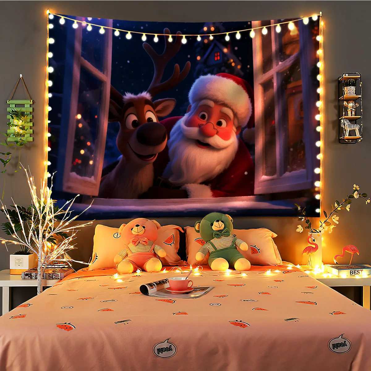 1pc Santa Claus Reindeer Print Holiday Tapestry Living Room Bedroom Wall Decoration Multi Size Background Cloth Machine WashableM251125