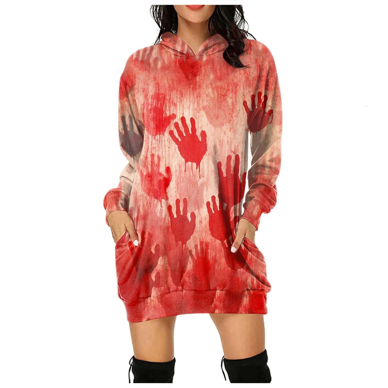 Dongdumaoyi Halloween Casual Dress Long Sleeve Vestidos Bloody Funny Letter Print Ladies Hoodie Pocket Dresses Woman Streetwear