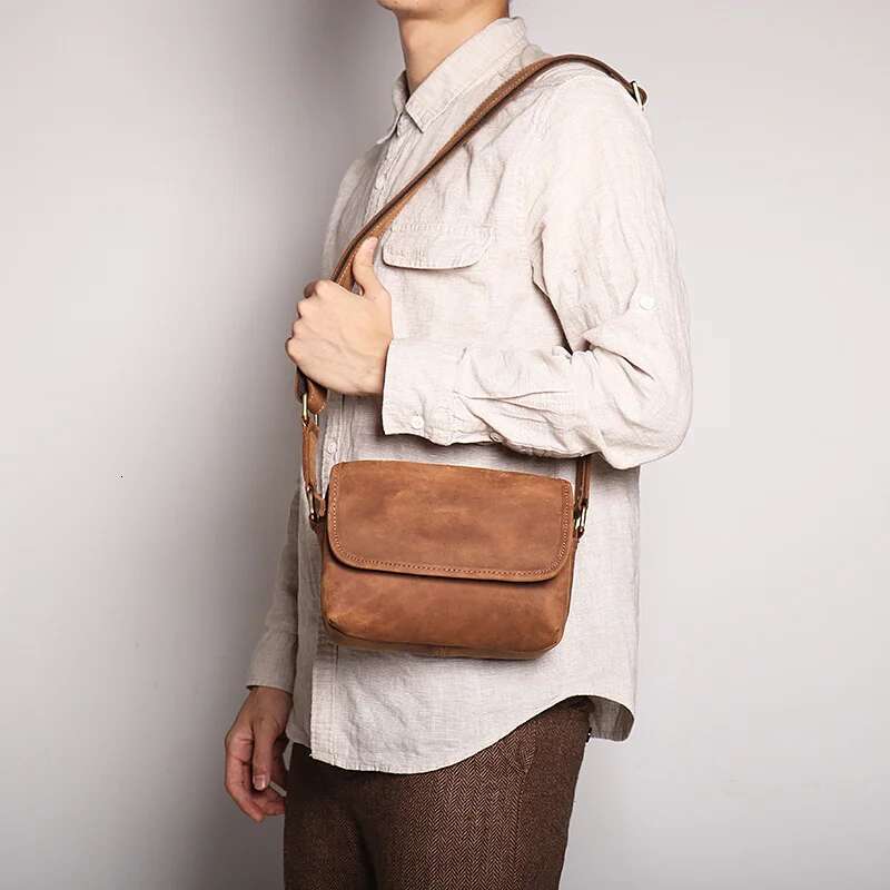 LUOKIR Vintage Crazy Horse Leather Retro Men's Genuine Cowhide Shoulder Women's Crossbody Ipad Small Square Bag