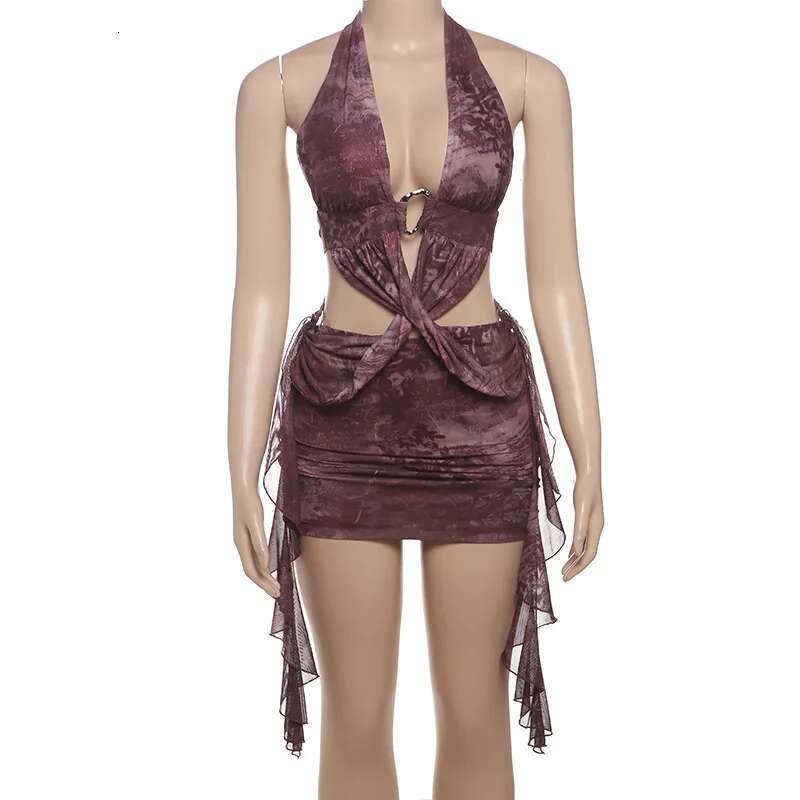 Dongdumaoyi Townlike Mesh Print Slim Bodycon Dress Women Halter Mini Spring Summer Deep V Neck Nightclub Sexy Party Dresses