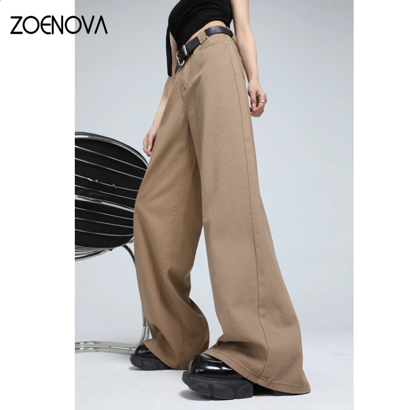 Zoenova Retro American Brown Pocket Jeans Spring Loose Straight Wide Leg Pants Casual Edition Y2K Freight Cowboy Trousers 250417