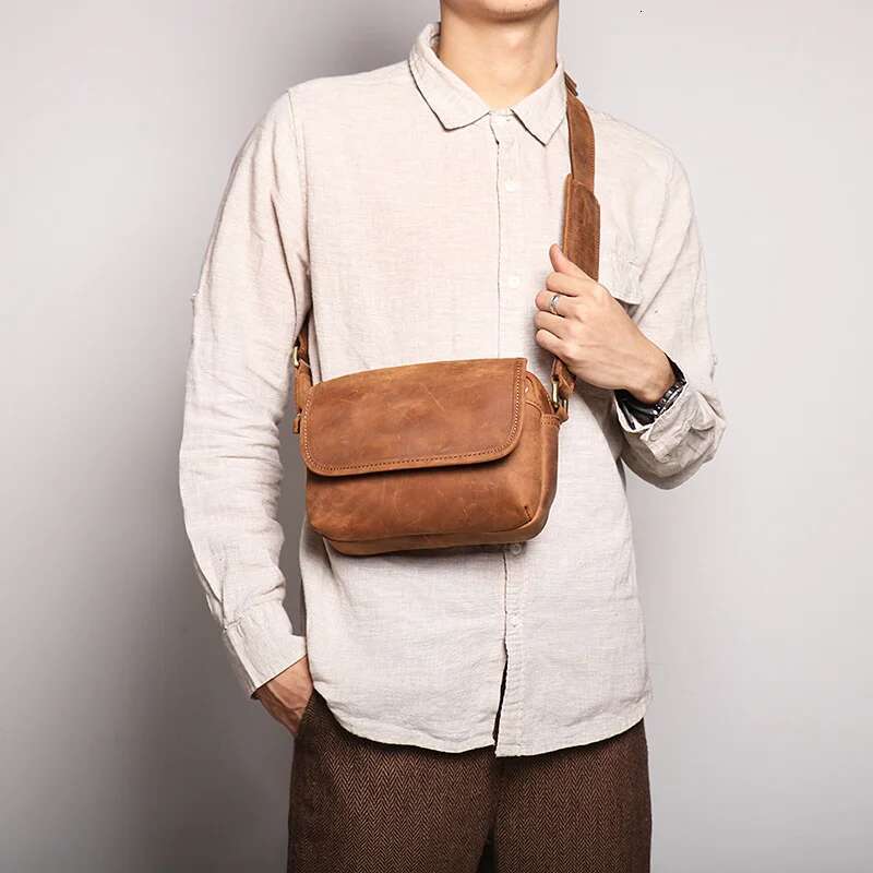 LUOKIR Vintage Crazy Horse Leather Retro Men's Genuine Cowhide Shoulder Women's Crossbody Ipad Small Square Bag