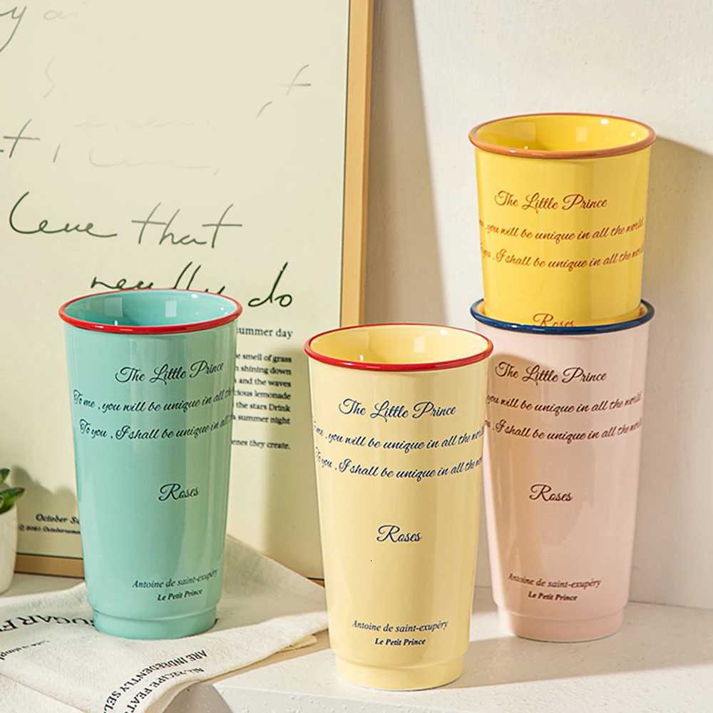 Texture Ceramic Handle Cup 580ml Letter Print Contrast Color High Coffee Mug Household Afternoon Tea Pigmented Drinkware Y251125