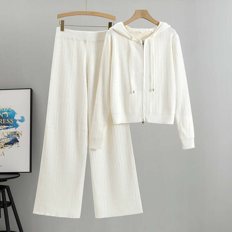 Womens Wide Leg Pants Hooded Knit Cardigan Two-piece Set Womens Autumn Fashion Loose Casual Hot Diamond Set New Pattern Popular New Arrival New Produc