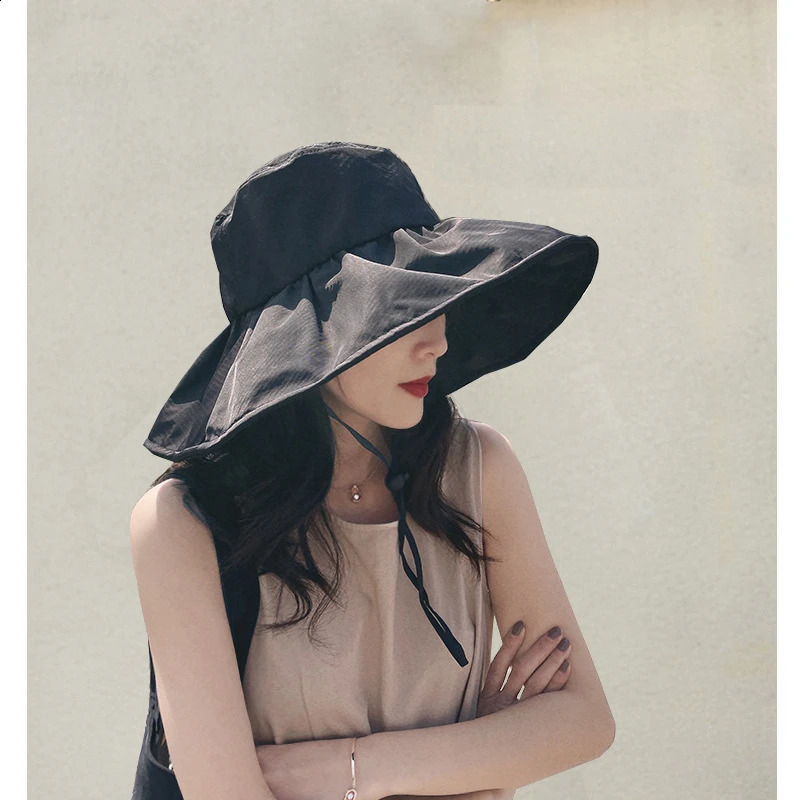 UPF50 UV Protection Wide Brim Sun Hat for Women Summer Face Covering Outdoor Beach Sunscreen Hat with Black Lining 250424