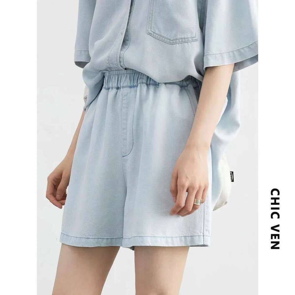 CHIC VEN Women Shirts Loose Blue Casual New Fashion Denim Shirt Elastic Waist Shorts A-Line Skirt Set Summer 2024
