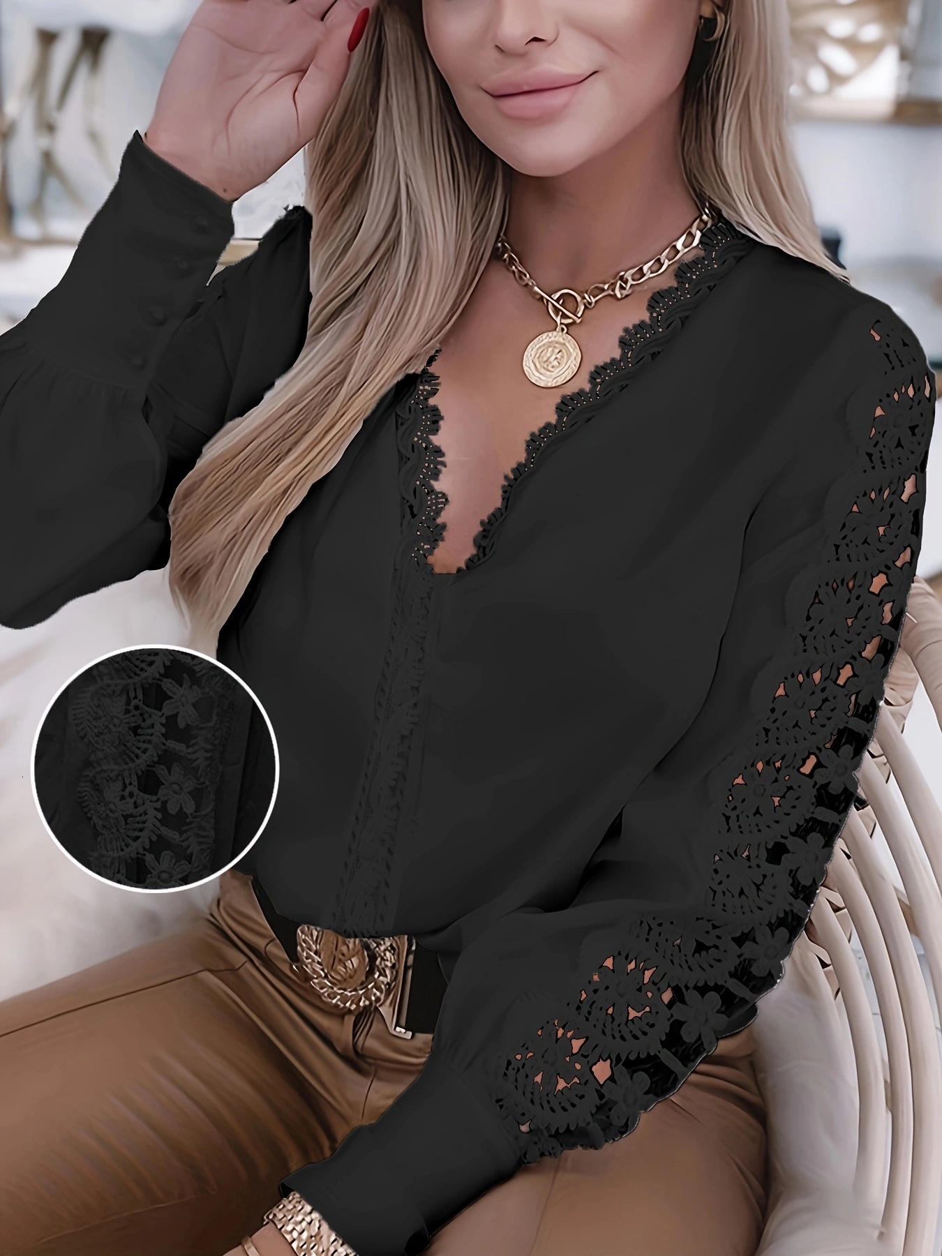 Aw2021 long sleeve V-neck lace splicing shirt womens wear