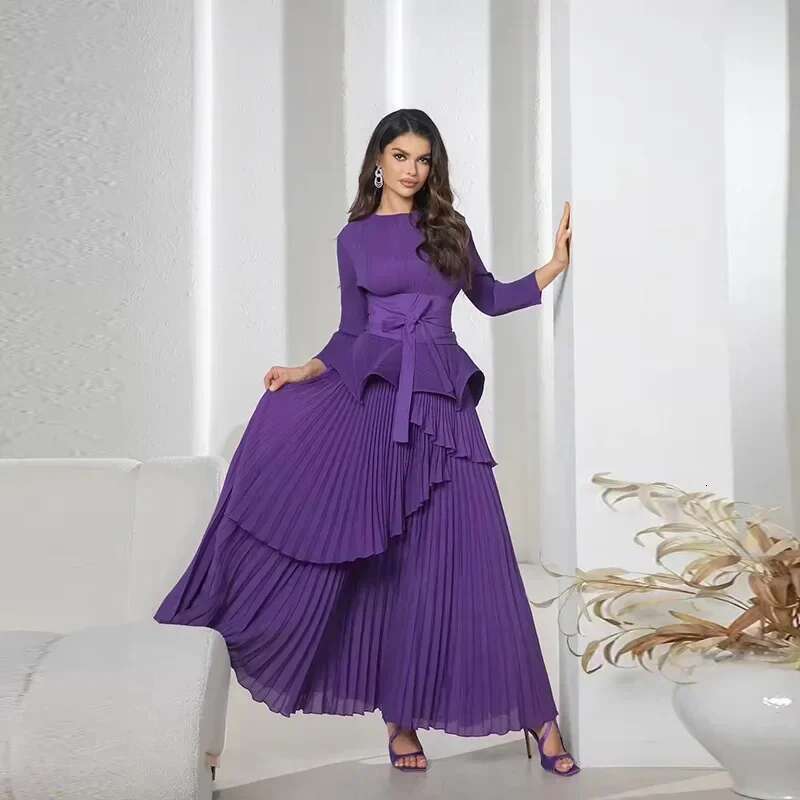 Pleated Irregular Lantern 2 Skirt + Swing Dress 2024 Autumn Solid Long Sleeved Lace Up Design Two Piece Set